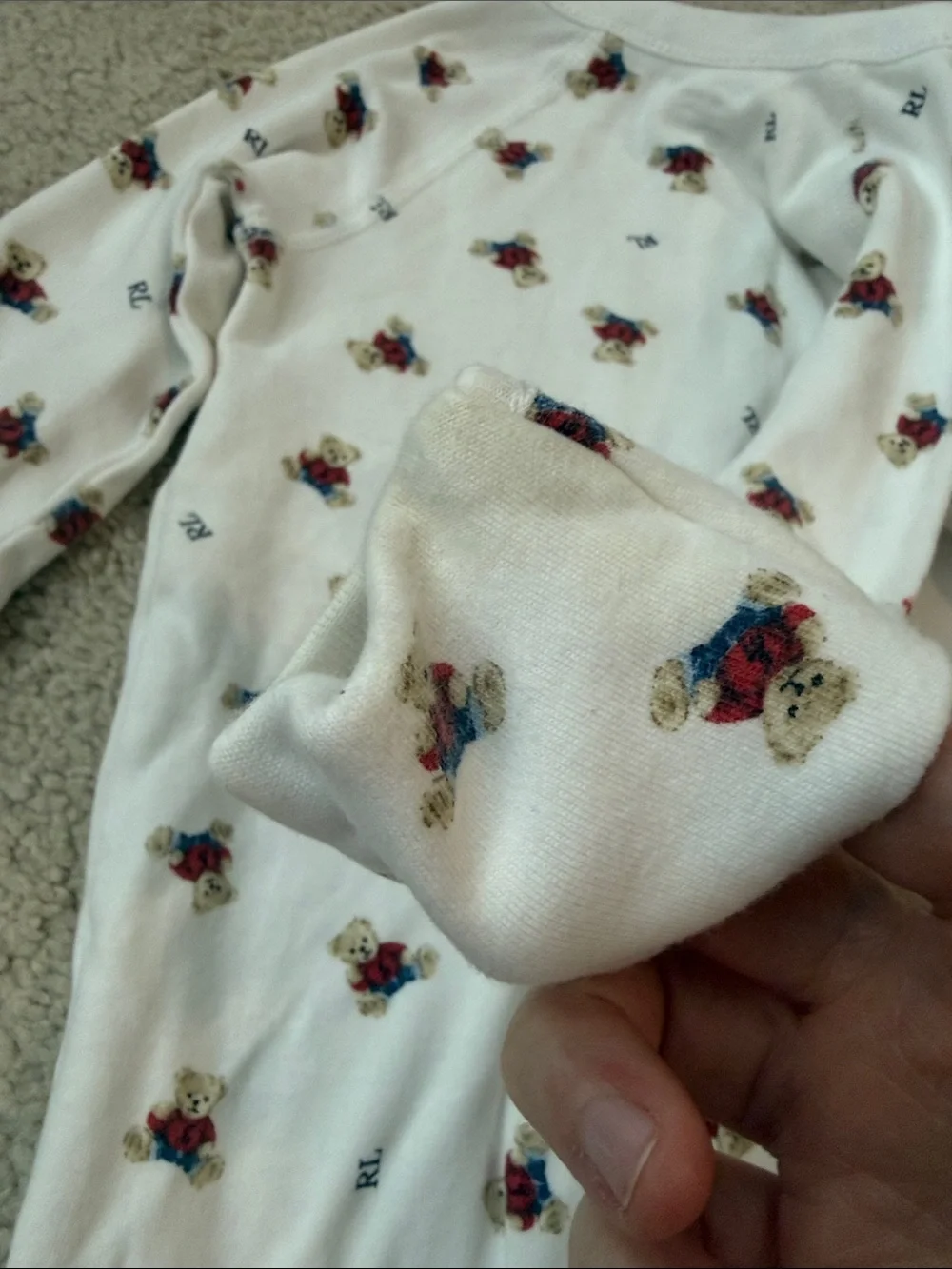 Ralph Lauren Cream Footed One-Piece with Teddy Bear Print